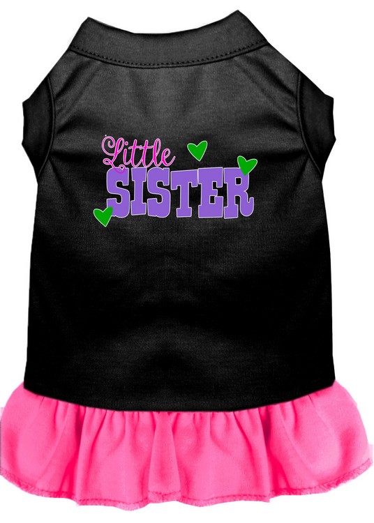 Little Sister Screen Print Dog Dress Black with Bright Pink Lg